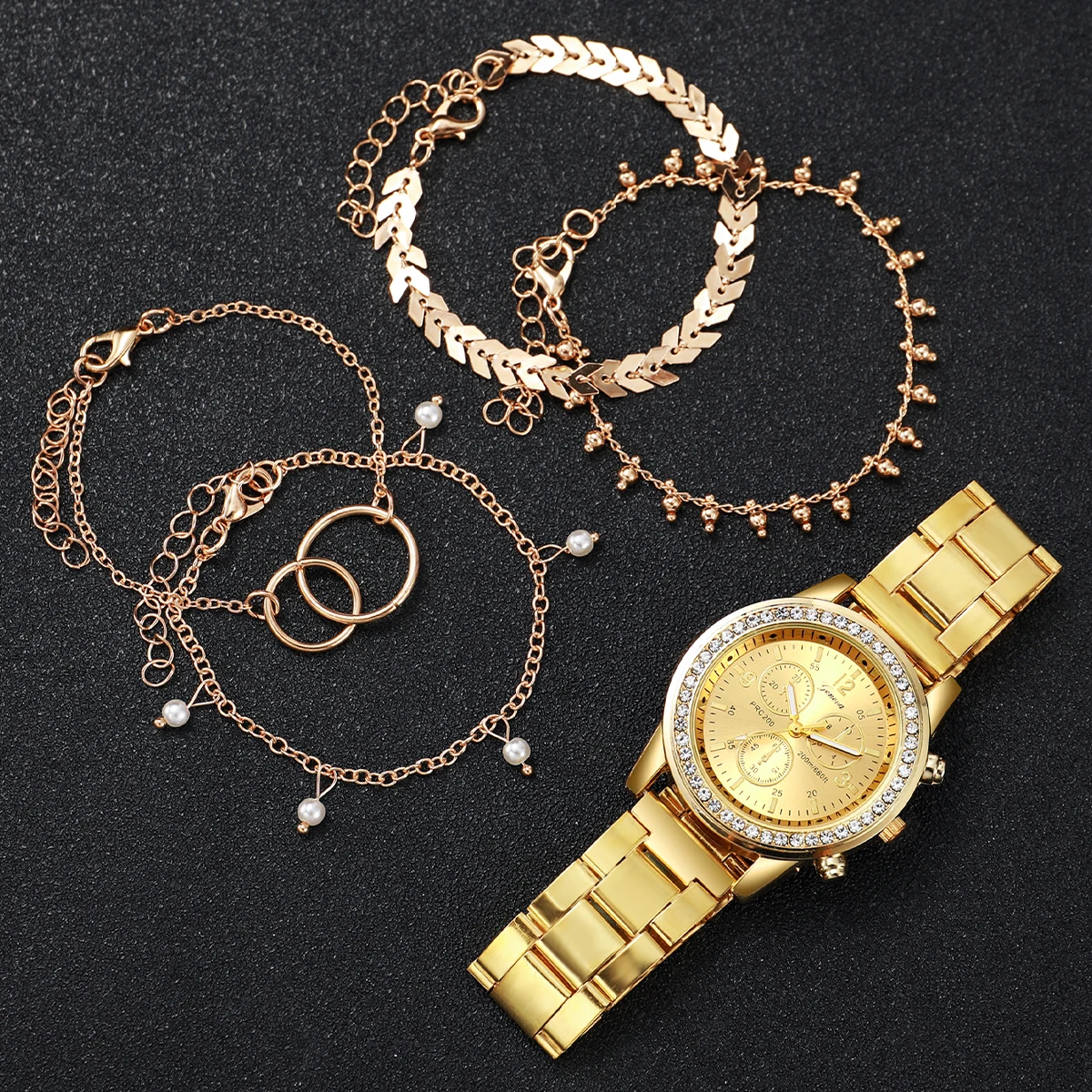 Fashion Women Golden Color Stainless Steel Quartz Watch With Bracelet Set 5PCs