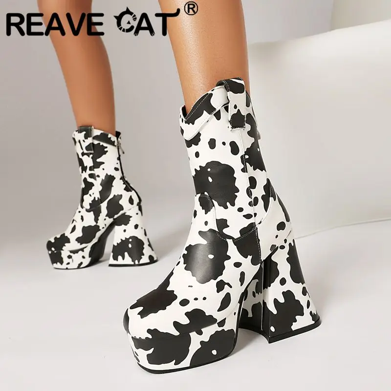 

REAVE CAT Cowboy Western Boots Round Toe 12cm High Heels 3.6cm Platform Back Zipper Mixed Color Oversize 41 42 43 Leisure Bota