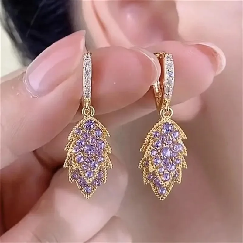 Vintage Female Purple Tree Leaf Zircon Stone Hoop Earrings Unique Gold Color Wedding Party Birthday Jewelry for Women