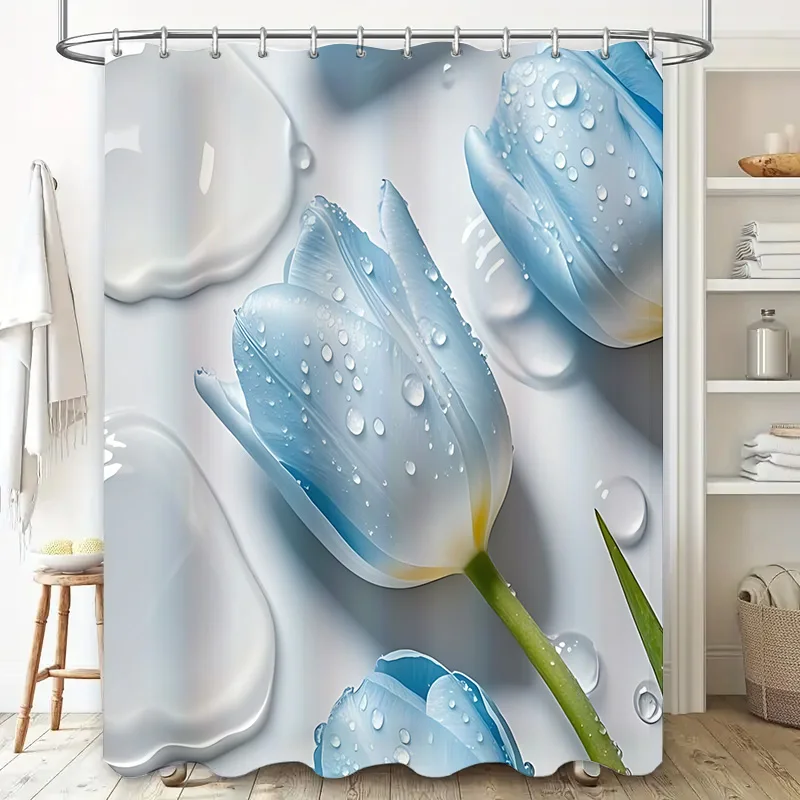 

Blue Tulip Shower Curtain with Water Droplets Design - Elegant and Modern Bathroom Decor Waterproof Durable Rustproof Hooks‌