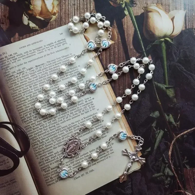 1pc Crucifix Cross-Charm Long Chain Rosary Beads Catholic Necklace for Women Christian Amulet Necklace Religious Jewelry