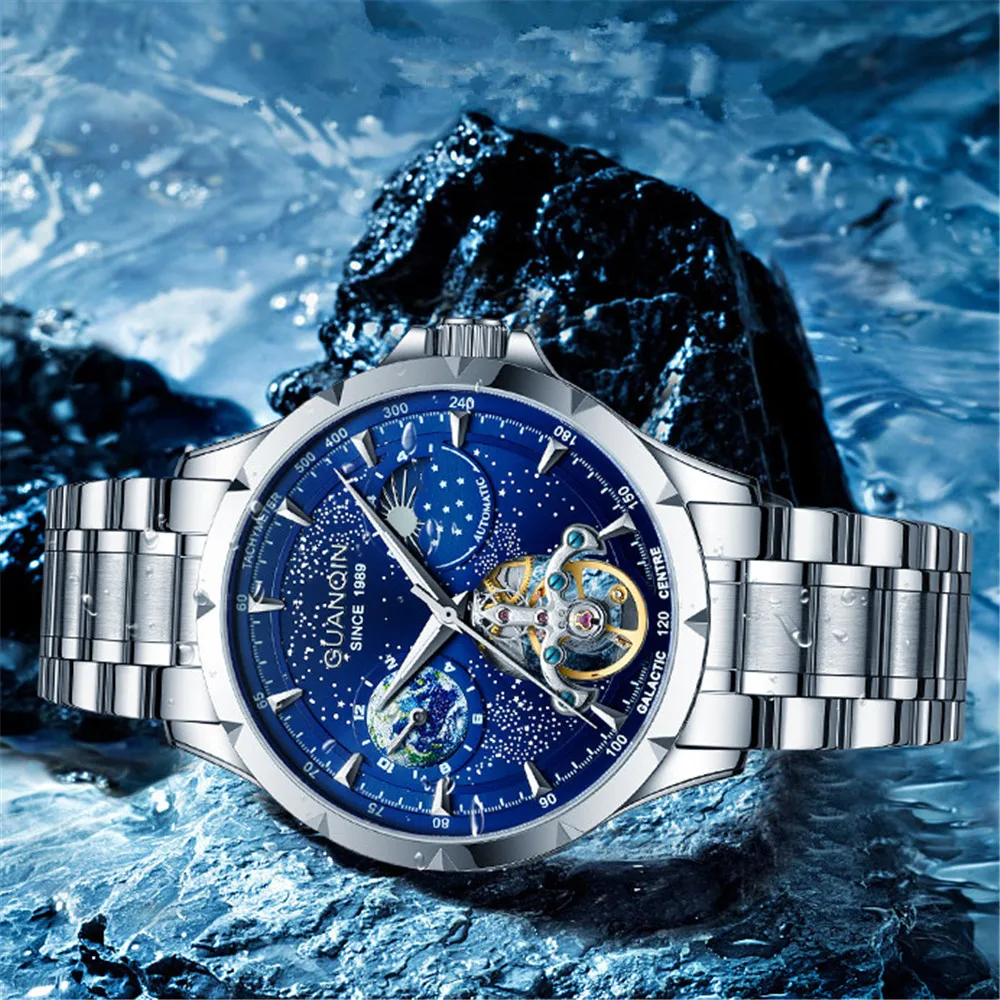 GUANQIN Stainless Steel Leather Band Men's Watch Starry Sky Dial Automatic Self-Wind Mechanical Skeleton Business Sapphire Clock
