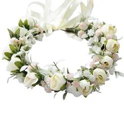Flowers Girl Artificial Corolla Hair Band Garland Beige Rose Flower Headband Bridesmaid Wreath Wedding Festival Decoration