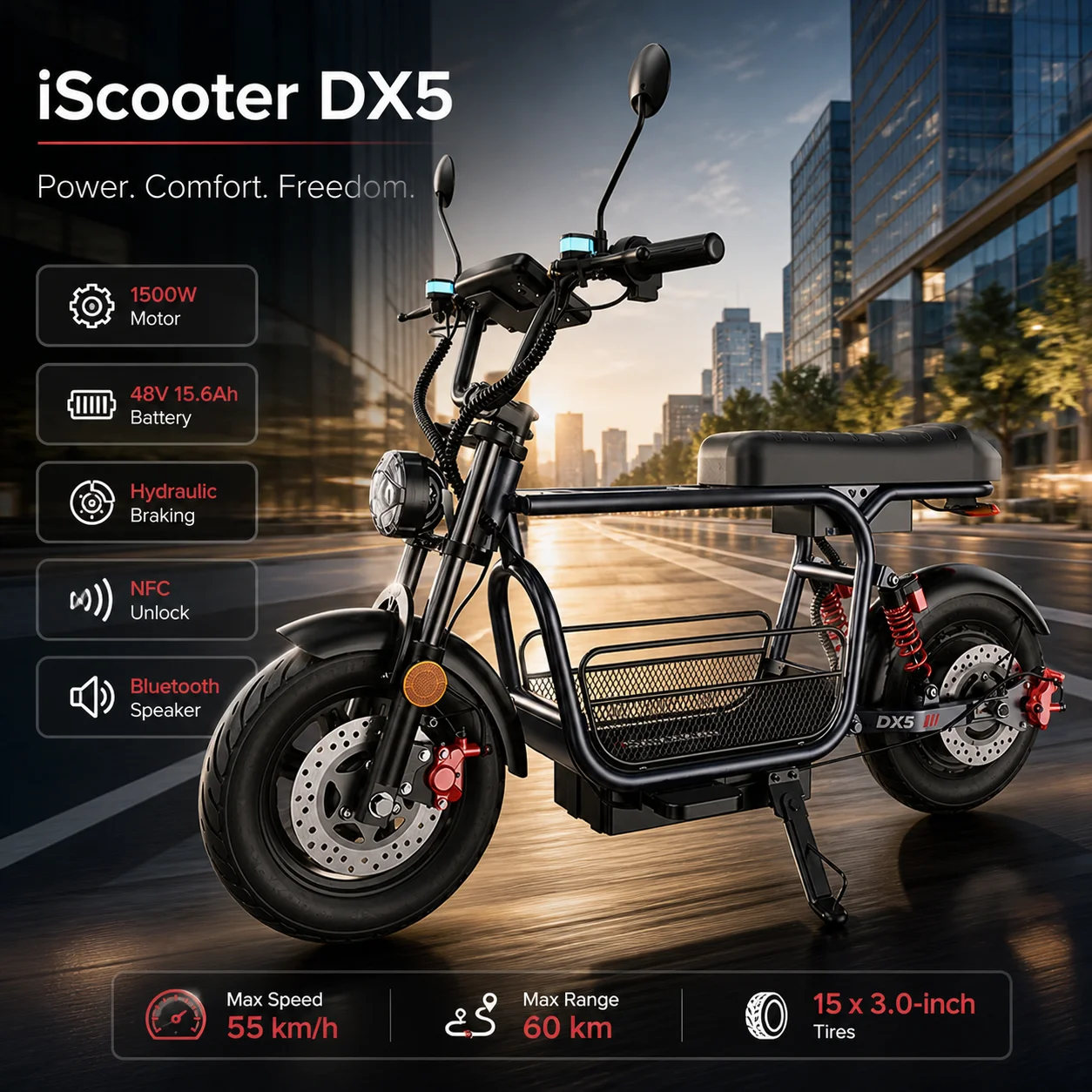 IScooter Elektroroller 1500W Motor 48V15.6AH Hochleistungs-Lithiumbatterie Hydraulische Bremse NFC-Entsperrung E-Scooter mit Einbruchsalarm mit Bluetooth-Lautsprecher für Stadtfahrten