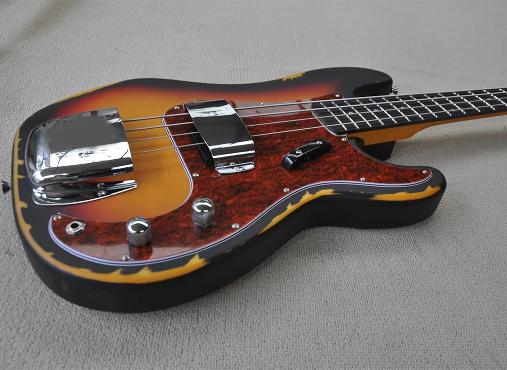 Tobacco Sunburst Relic 4 Strings Electric Bass Guitar with Rosewood Fretboard, Red Pickguard,Customizable