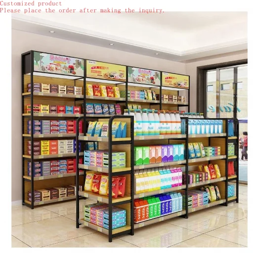 

Custom.High Quality Store Metal Display Rack Equipment Shelf Display Gondola Display Racks Supermarket Wooden Grain Shelves