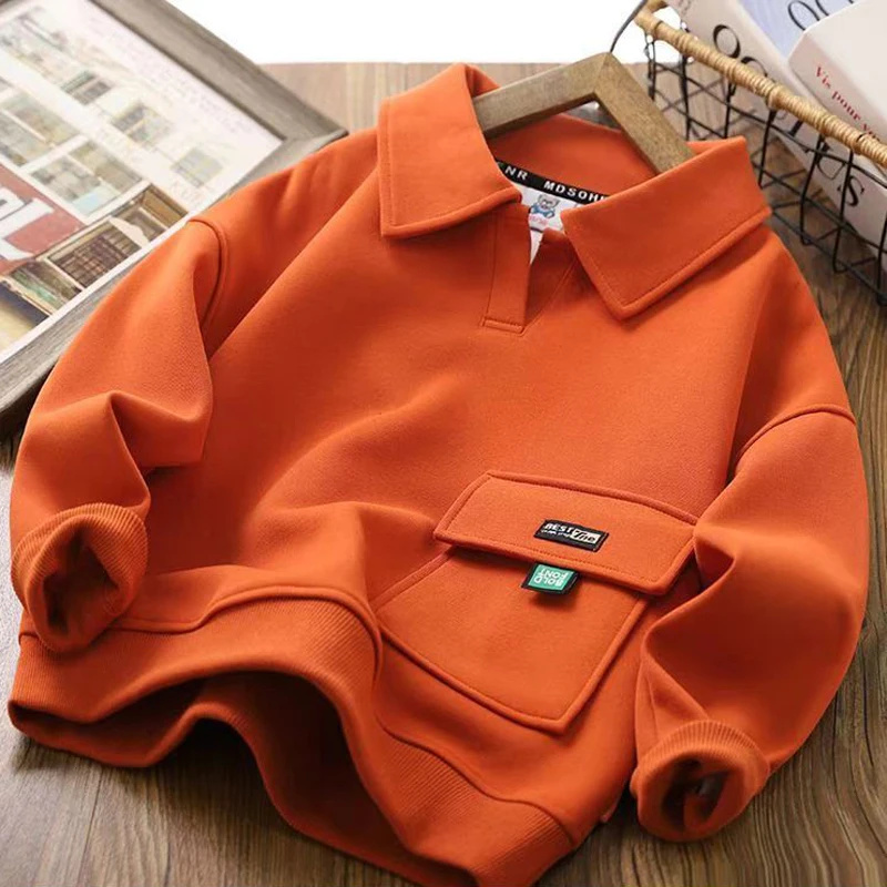 4 5 6 8 10 12 14 Years Boys Hoodies Autumn Spring New Solid Color Lapel Long Sleeve Sweatshirt For Teen Boys Casual Pullover