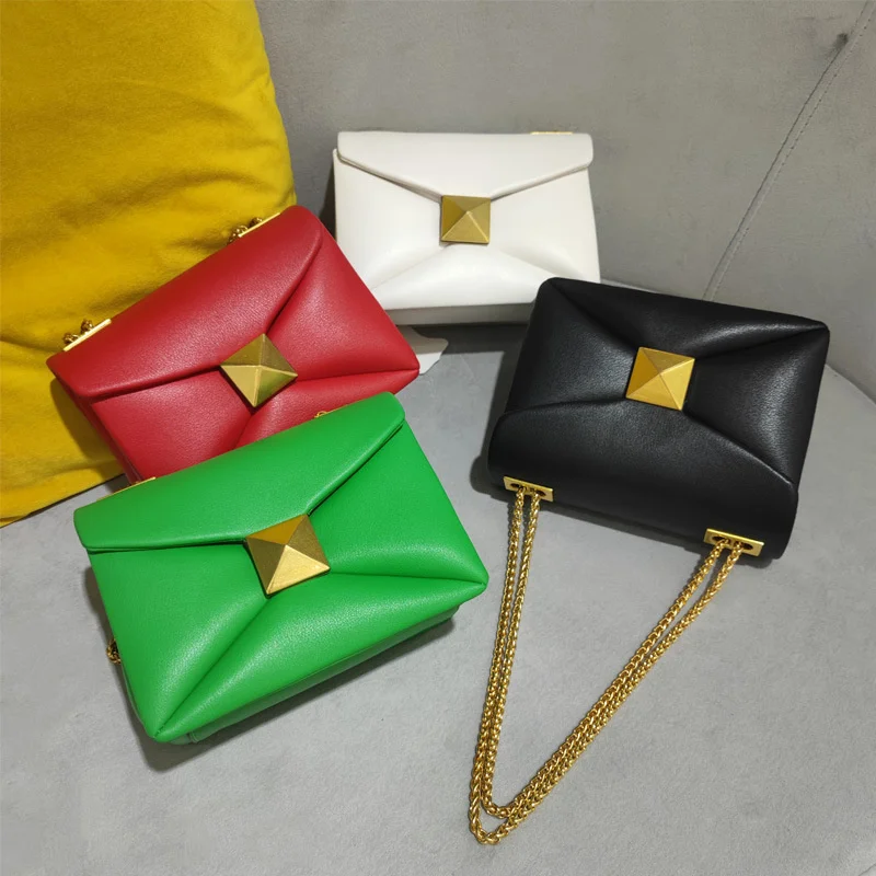 Cowhide Luxury Designer Leather Handbag Golden Big Rivet Chain Shoulder Small Purse Fashion Green Tote Bag Crossbody Women