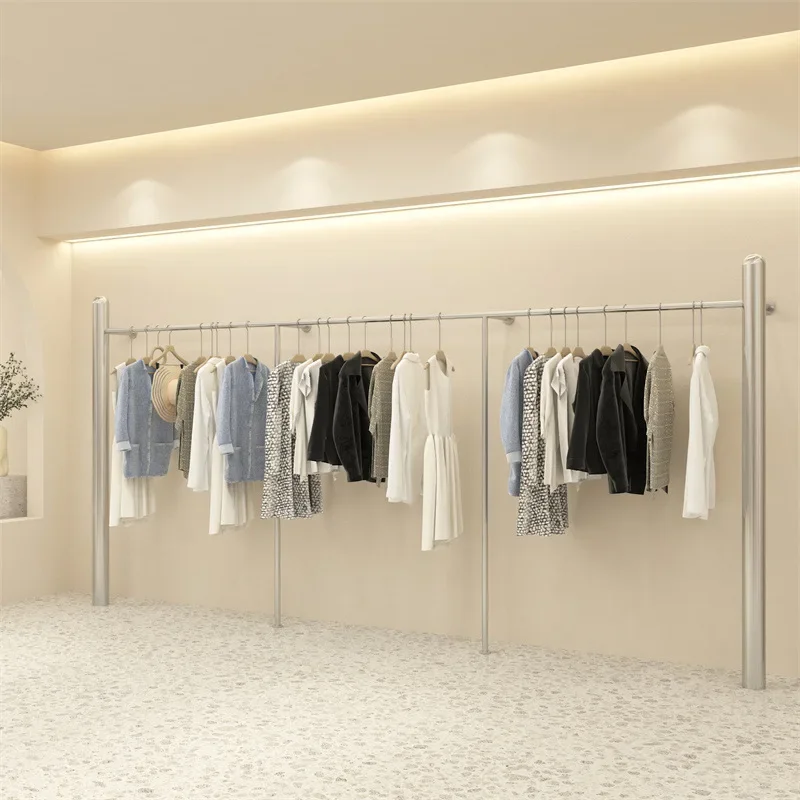 Clothing store display rack Floor-to-ceiling stainless steel main tube Wall hanging clothes rod Women's clothing store
