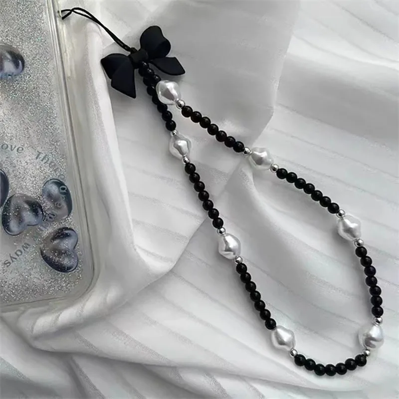 Retro Bowknot Pearl Phone Charm Strap Flower Bead Pendant Korean Bracelet For iPhone Samsung Accessories Hanging Rope For Girl