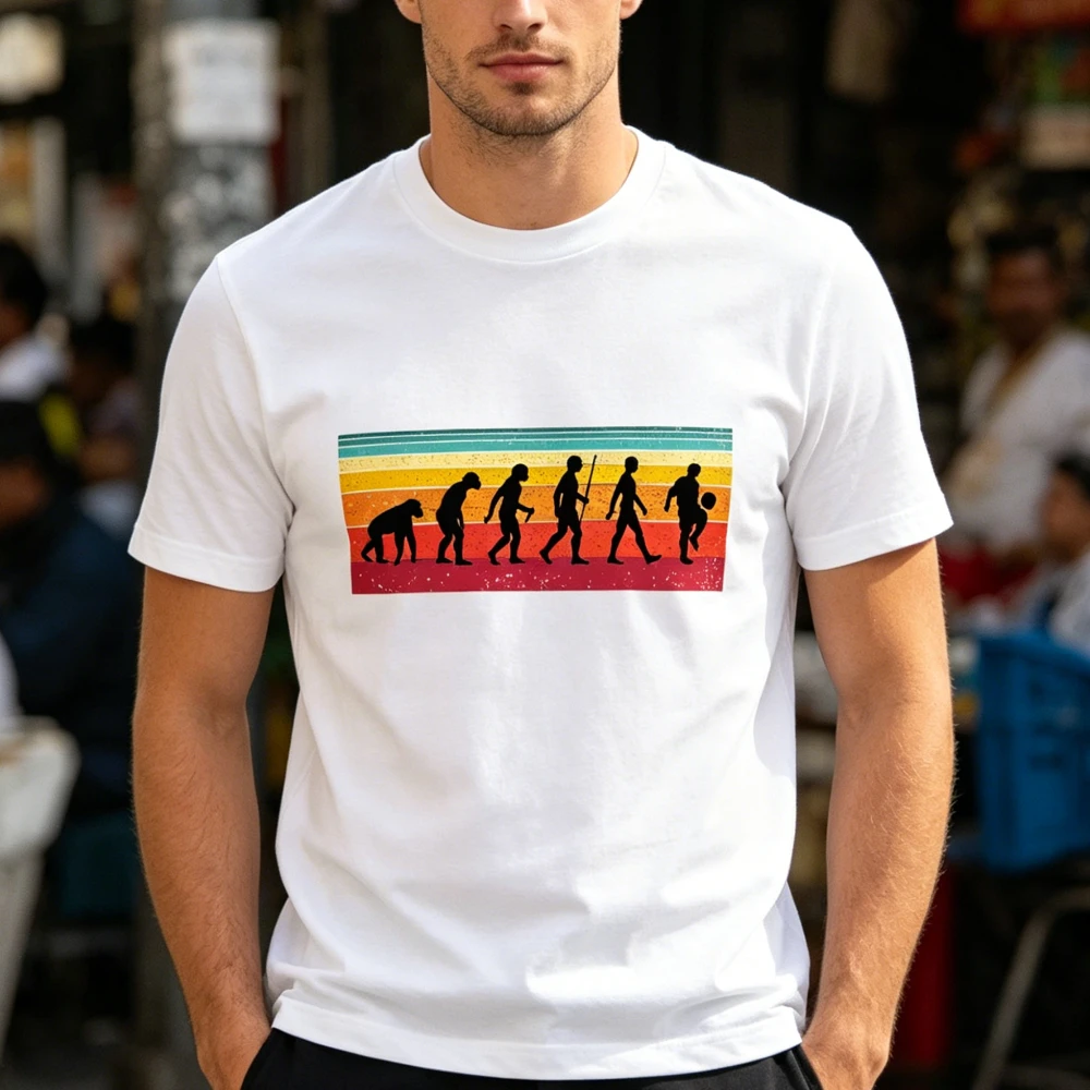 T-shirt Vintage Football Evolution, imprimé dégradé rétro « Humain devenant footballeur », chemise décontractée pour homme, col rond, manches courtes en coton, été