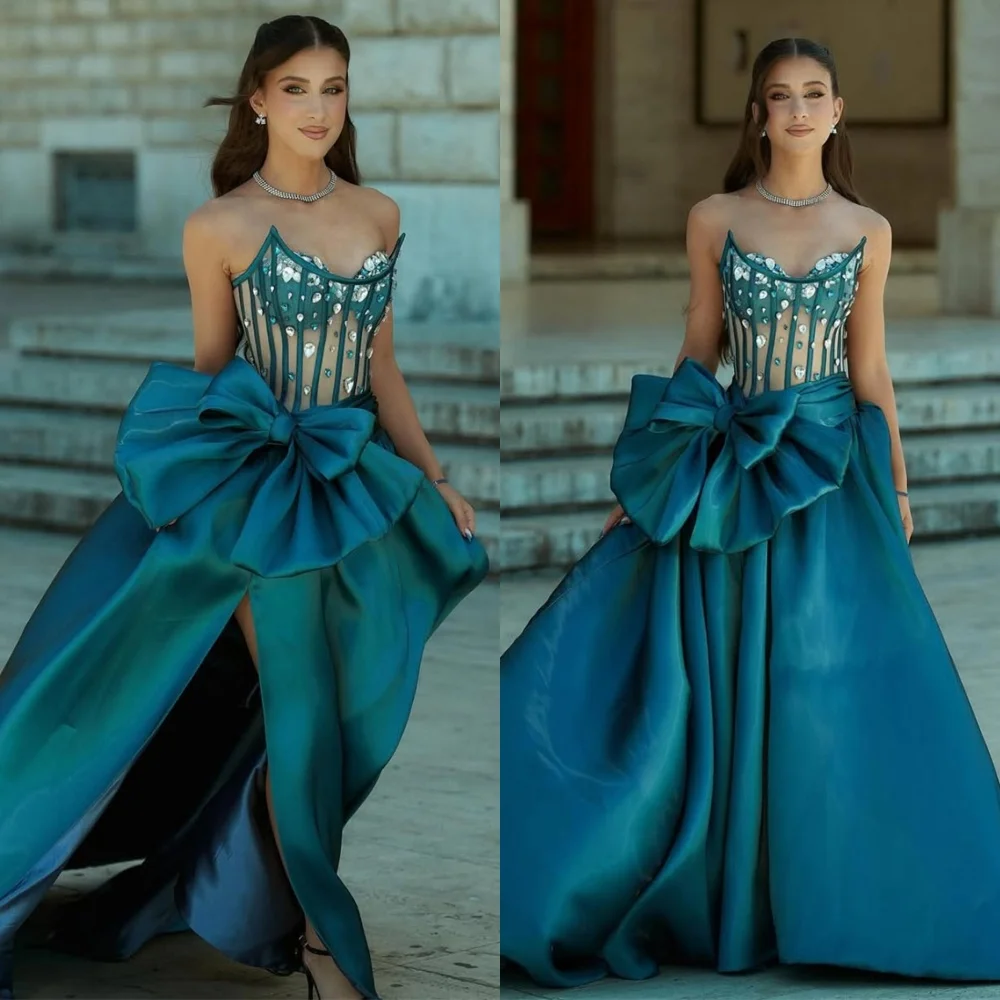 

Customized Modern Dark Blue Satin Evening Dress Exquisite Strapless Bow Crystal Prom Dress Chapel Train Special Occasion Gowns