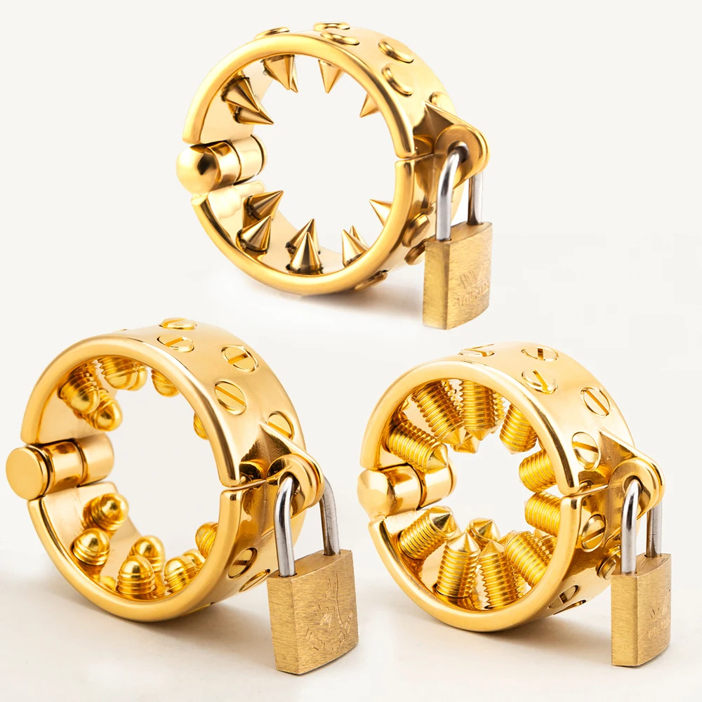 

KALI'S TEETH Metal Ball Stretcher with 2 Rows Gold Spikes Cock Ring Lock Scrotum Pendant Male Chastity Device CBT Toys For Men