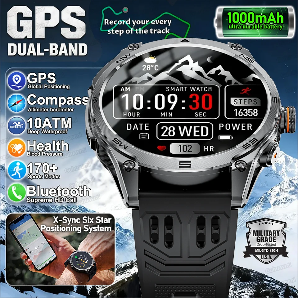 

Новые премиальные умные часы с GPS, фитнес-трекером, батареей 1000 мАч, водонепроницаемостью 10ATM, компасом, фонариком, спортивным трекером, умные часы для мужчин