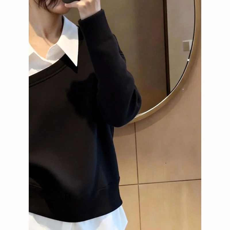 Women's Fake Two-Piece Top Collared Shirt Patchwork Sweatshirt, Asymmetric Off Shoulder Black White Blouse Casual Loose Chic Top