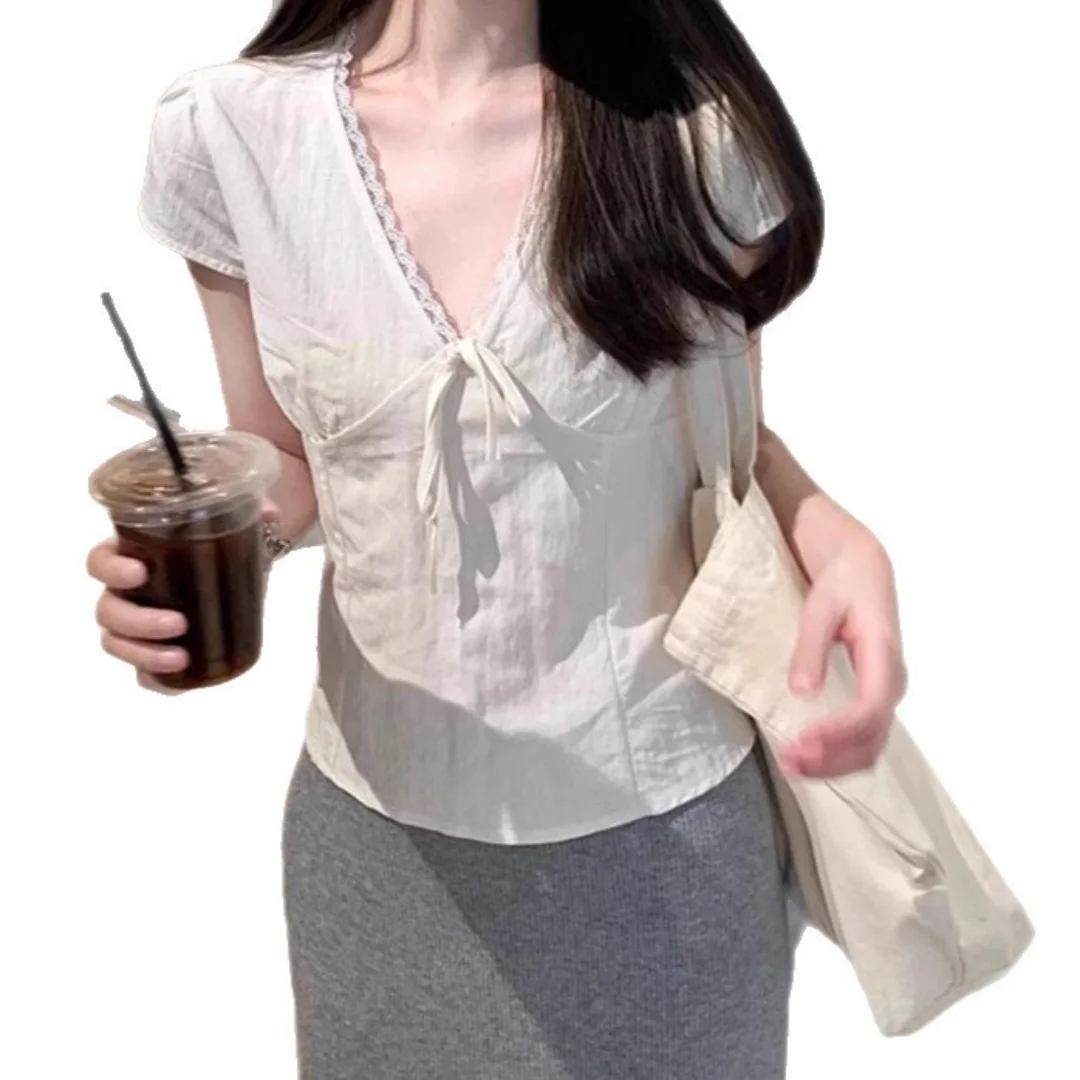 

2026 Summer New Women's Plus Size Lace Trim V Neck Short Sleeve Blouse French Slim Fit Curvy Crop Top