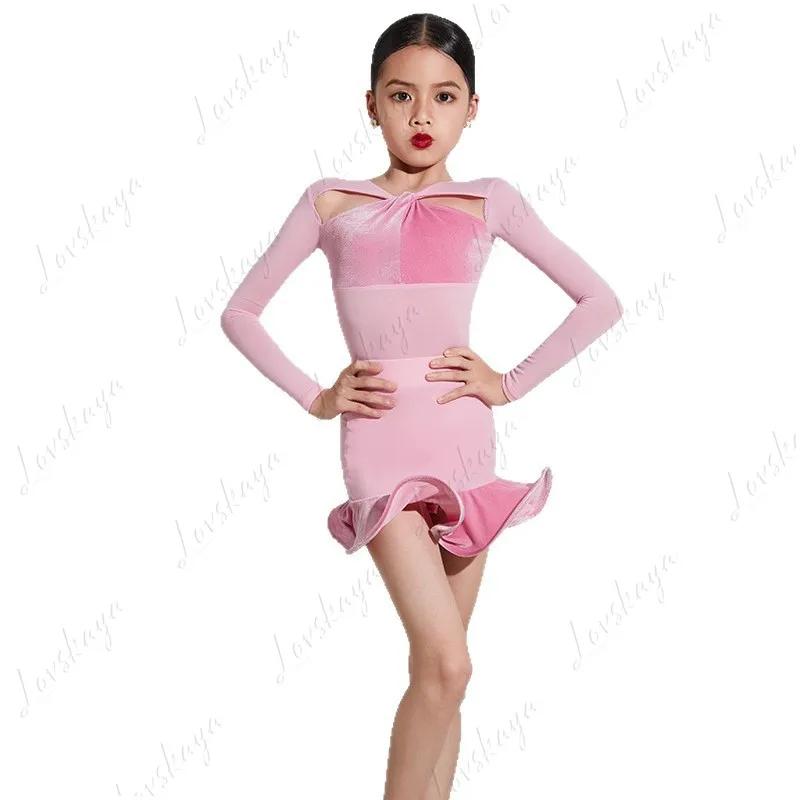 

Тренировочный костюм для латинских танцев для девочек, детское выступление, новый осенне-зимний стиль, высококачественный, розовый комплект с длинными рукавами