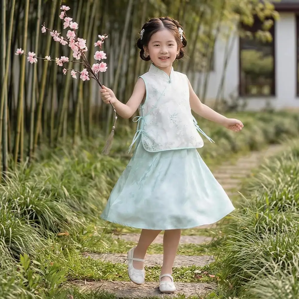 Kids New Chinese Style Vest Set 2026 Spring Summer Tang Suit Girls' Chinese Style Cheongsam Dress Traditional Oriental Clothing