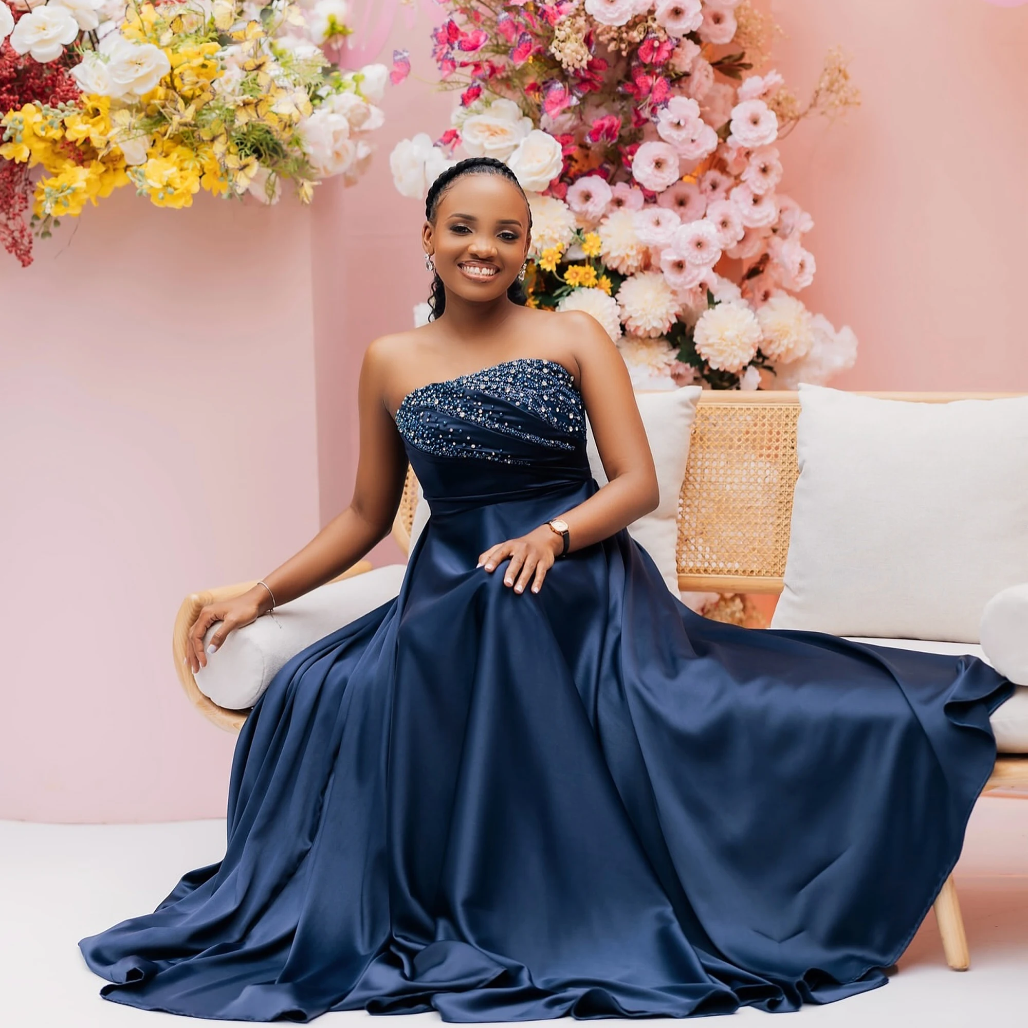 

Strapless Prom Dresses African Women Beaded Sleeveless Formal Occasion Dresses Satin Corset Floor Length Evening Gown Customized