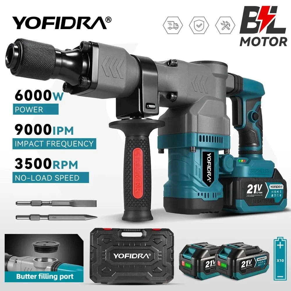 Martillo Demoledor Eléctrico sin Escobillas YOFIDRA de 6000W, Herramienta Eléctrica de Alta Resistencia para Perforación y Cincelado, Compatible con Baterías Makita