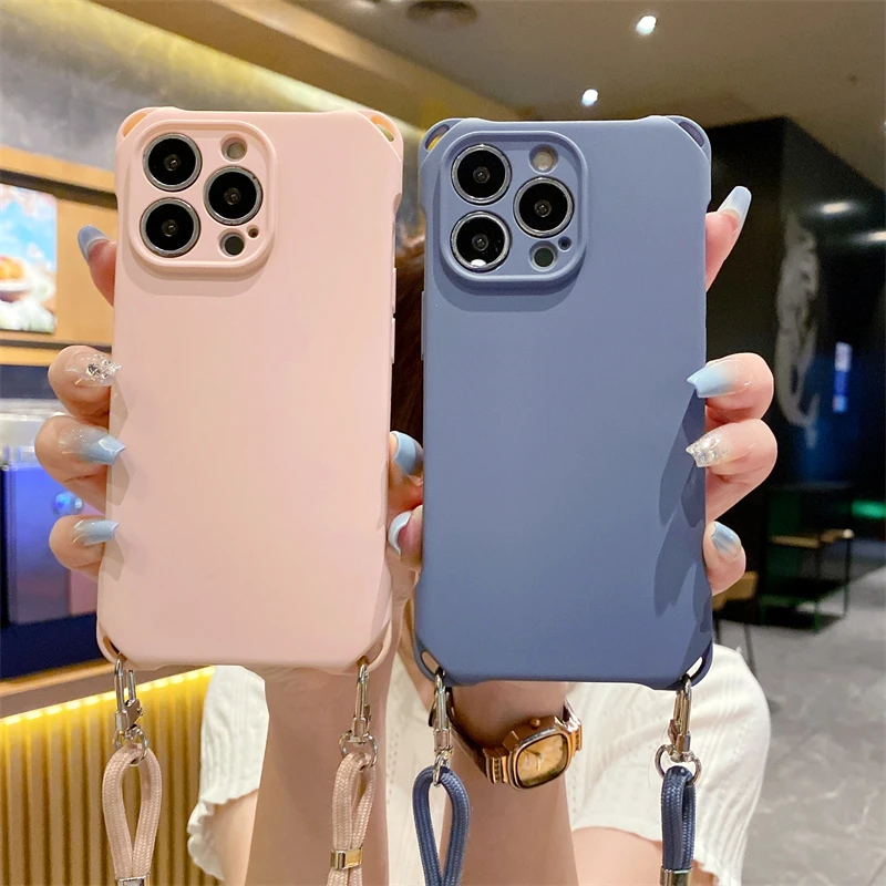 حلوى لون Crossbody قلادة الحبل الحبل لينة سيليكون قضية الهاتف آيفون 14 12 13 برو ماكس 14 زائد حزام غطاء مقاوم للصدمات