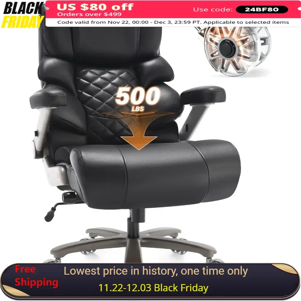 Computer Chair with Adjustable Lumbar Support, 3D Flip Arms Plus Size Wheels, Metal Base, Thick Padded Wide Seat, Office Chair