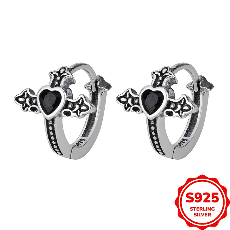 

Temperament and Versatile Genuine S925 Trendy Black Cross Heart-Shaped Women's Earrings Retro Personality