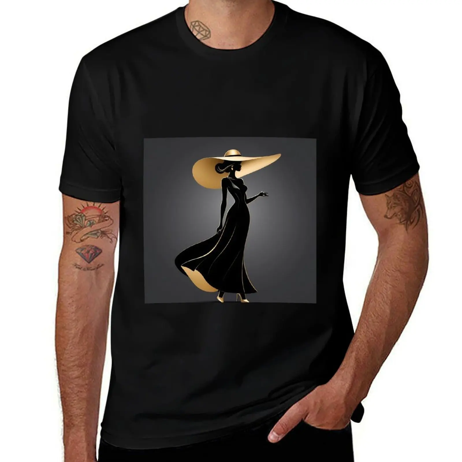 

Golden Silhouette - Elegant Woman in Hat Art T-Shirt cute clothes blanks affliction shirts outfits for men