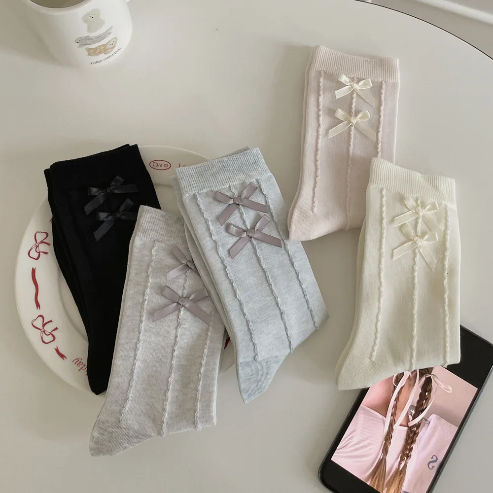 

Носки с бантом женские JK Sweet Girls Lolita Kawaii милые женские носки хлопковые однотонные носки в японском стиле черные, белые, серые, синие длинные носки