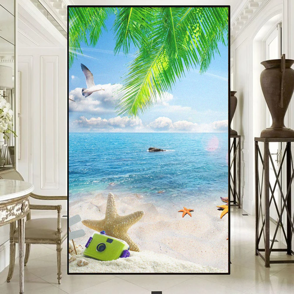 Static Cling Privacy Window Film Heat Control UV Blocking Window Glass Film Seaside Scenery Frosted Window Film