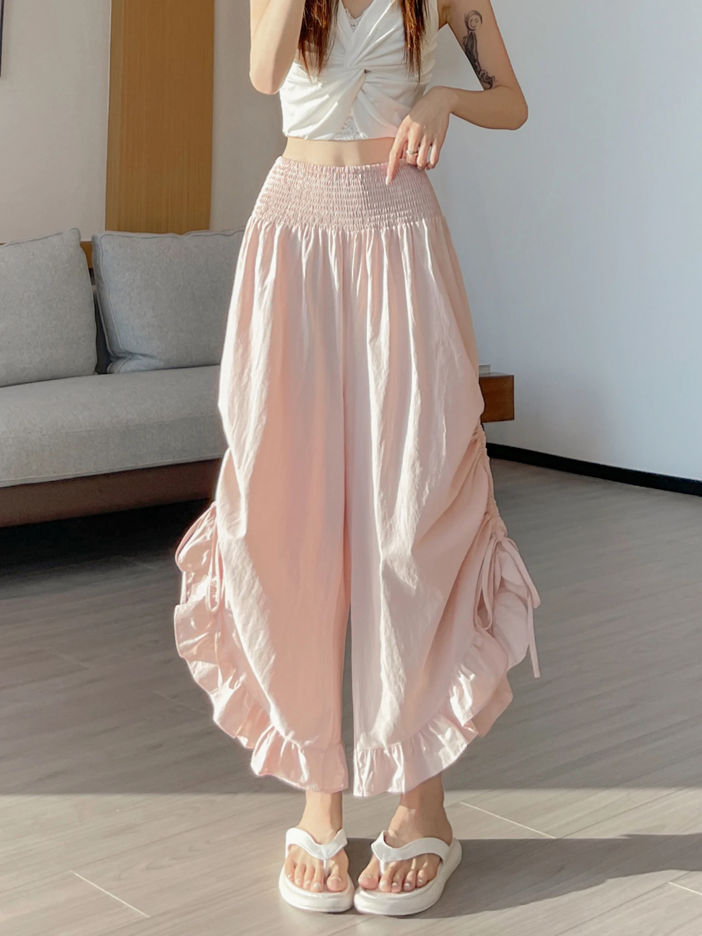 

Pink Girl's Gored Hem Elastic Waist Wide Leg Pants Women's Summer Ice Silk Quick Dry Cool Nine Point Sakamoto Pants
