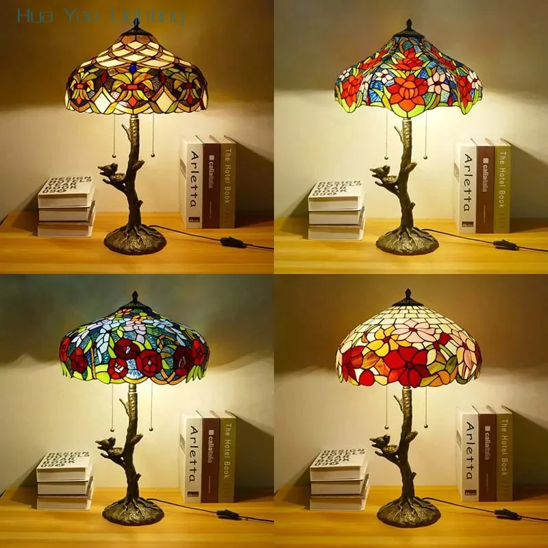 

16 дюймов, 40 см, 2 держателя лампы, витраж Тиффани, спальня, свадебная комната, подарок, настольный светильник, европейский ретро-кафе, настольная лампа с птицей