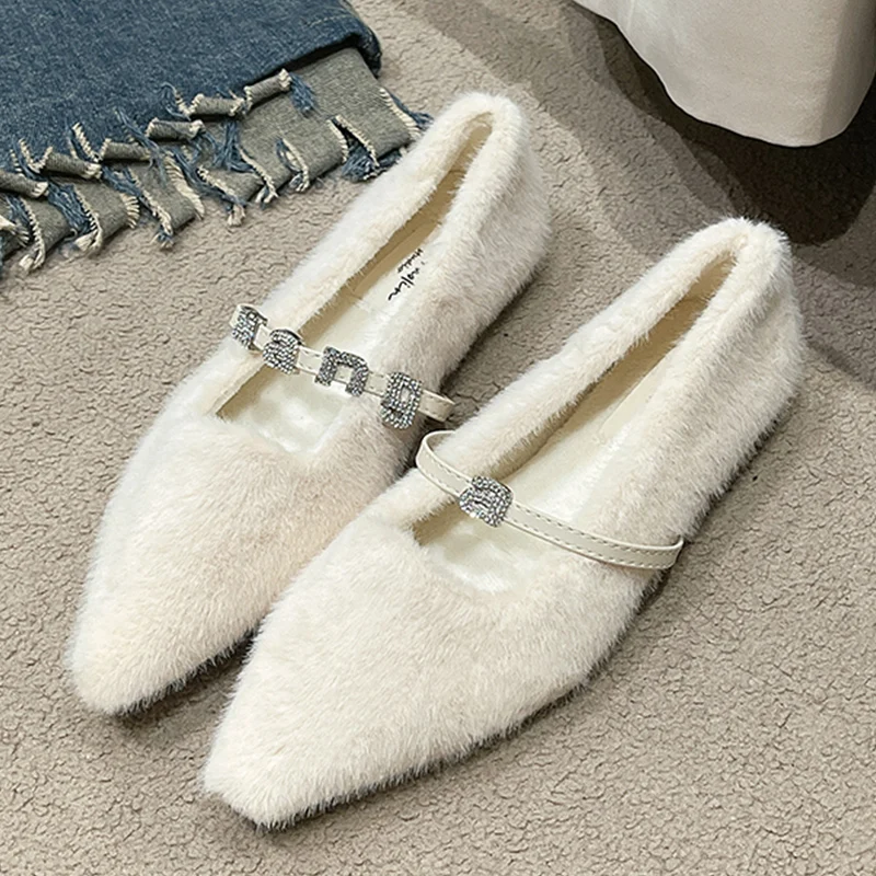 Winter Warm Fur Flats Shoes Woman Luxury Crystal Pointed Toe Slip on Ladies Flat Shoes Female Sexy Boat Shoes Mocasines