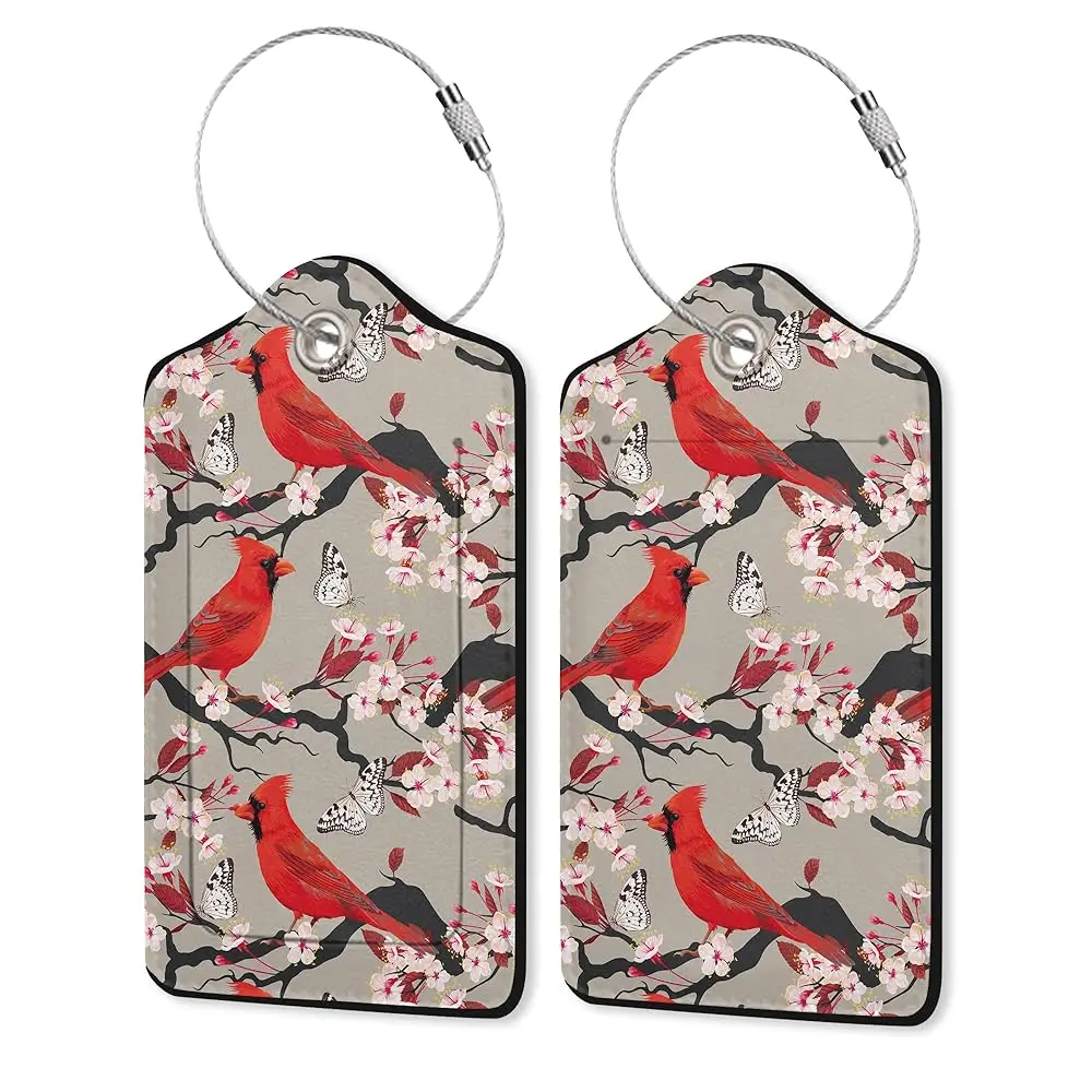 

Red Cardinal Luggage Tags Set of 2 Leather Luggage Tags Privacy Cover Suitcase Label with Stainless Steel Loop for Women/Men