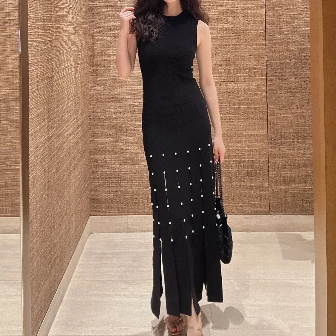 

Women Tassel Pearl Trim Knit Dresses Black Slit Sleeveless Elegant 2024 Summer Female O-neck Midi Robes