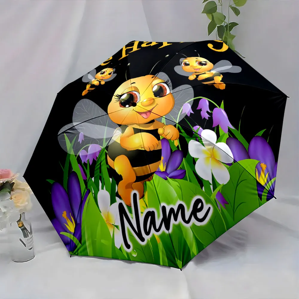 Custom Name  Cheerful Bee-Themed Umbrella with Floral Design Print 8 Iron Ribs Folding Umbrella Auto-Open Fashion Sunshade