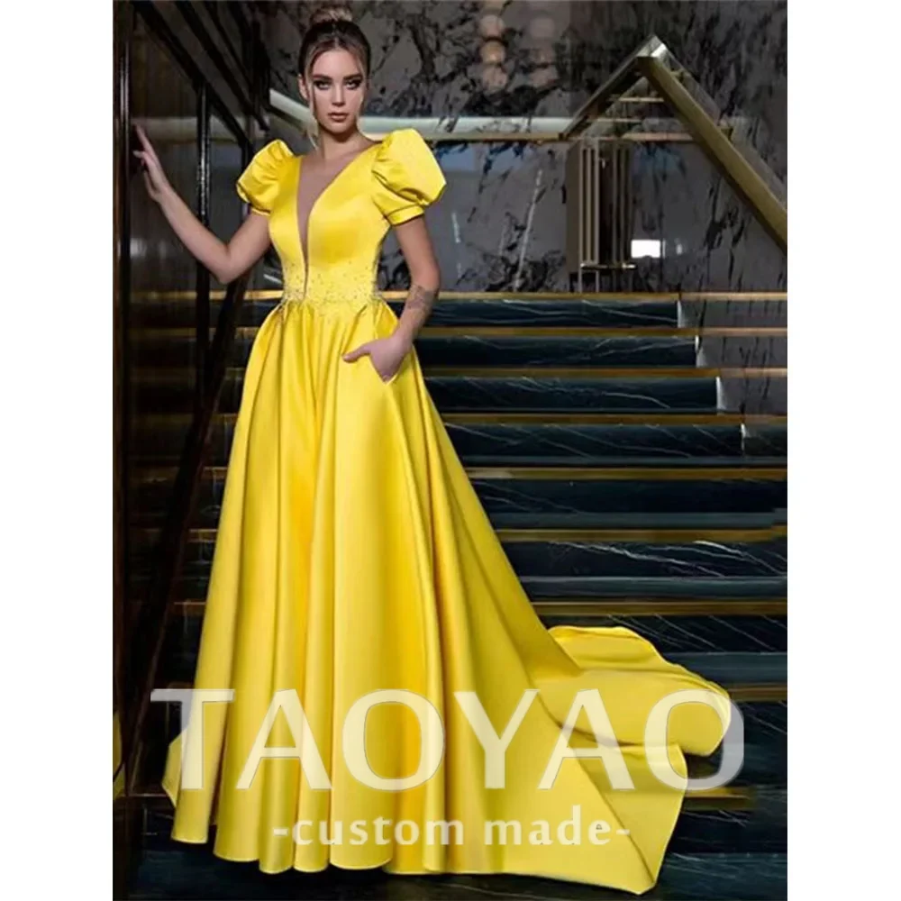 Yellow Satin V Neck Sexy Evening Party Dresses for Women Fashion High Waist Puff Sleeve Women's Dress Elegant Train Prom Gown