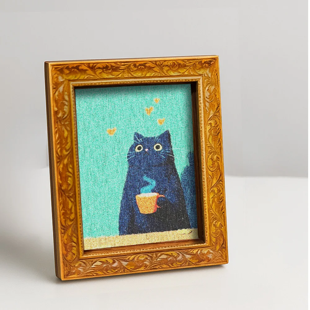 Vintage Carved Wood Frame Fridge Magnet, Cute Black Cat Drinking Coffee Art Refrigerator Sticker for Kitchen Decor & Cat Lover