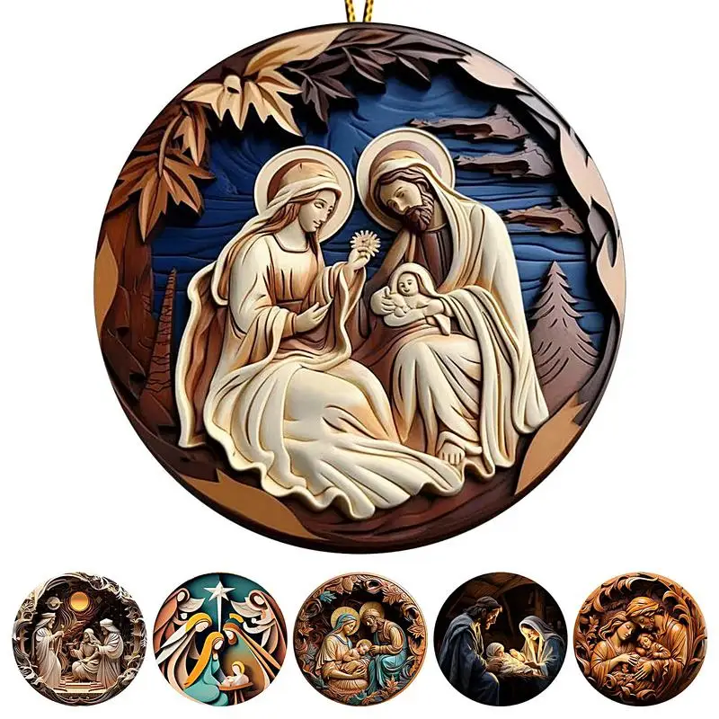 1PCS Nativity Christmas Tree Pendant Jesus Christ Hanging Ornaments 2D New Year Acrylic Exquisite Indoor Nativity Scene Decor