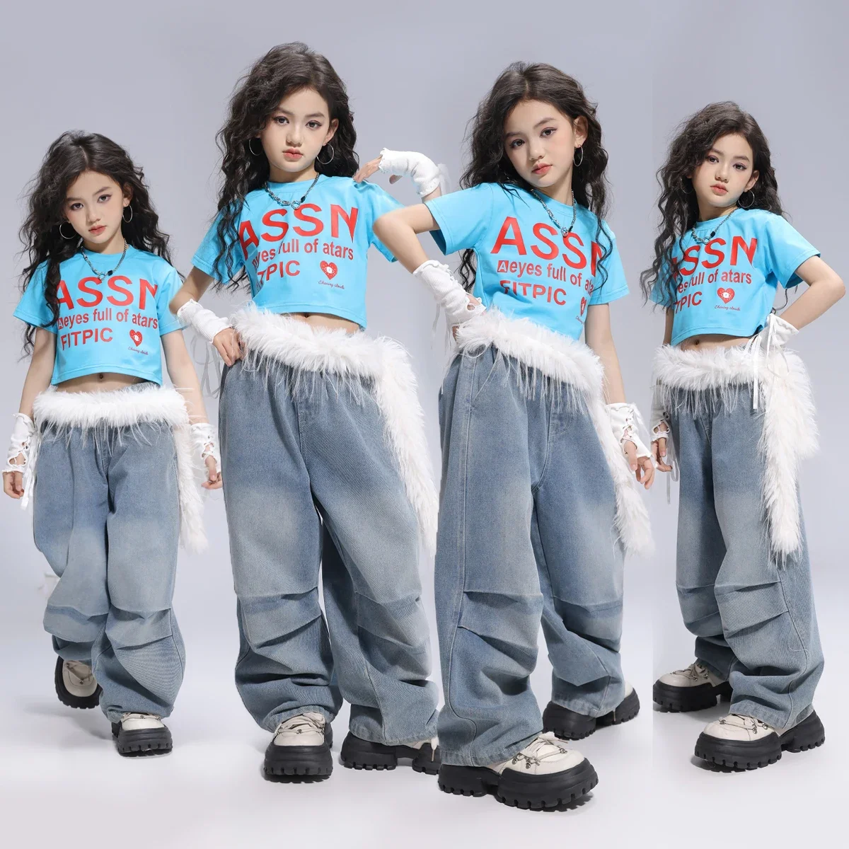 Hip hop meninas colheita topos denim calças de carga criança jazz corredores streetwear moletom crianças dança rua cheerleader conjuntos roupas