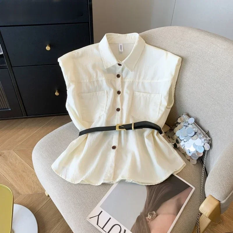Blusas sem mangas sólidas elegantes primavera verão simples camisas femininas moda coreana chique blusas femininas