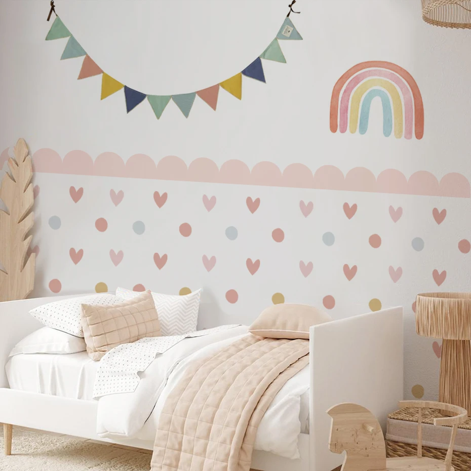 Boho Scalloped Border Heart Wall Sticker Nursery Decal Child Art Door Kids Room Girls Bedroom Bedside Living Decor Peel & Stick