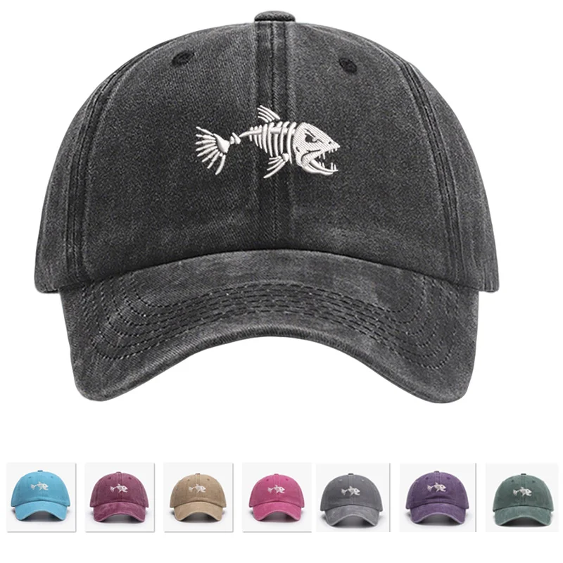 Embroidered Skullfish Fish bone vintage soft Baseball caps Men Women Water Washed Hat Sports Fishing Summer Autumn Peaked cap