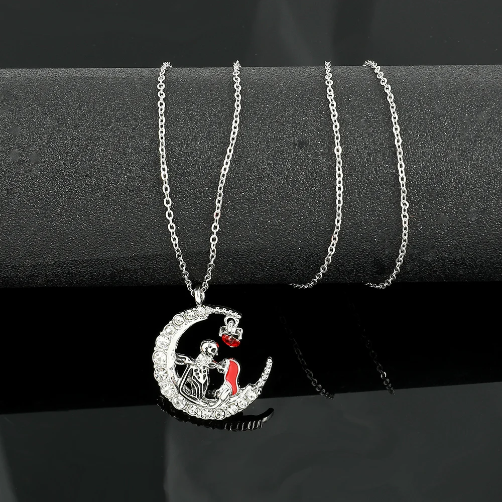 New Disney The Nightmare Before Christmas Necklace Moon Jack Skellington Sally Rhinestone Pendant Necklace Halloween Accessories