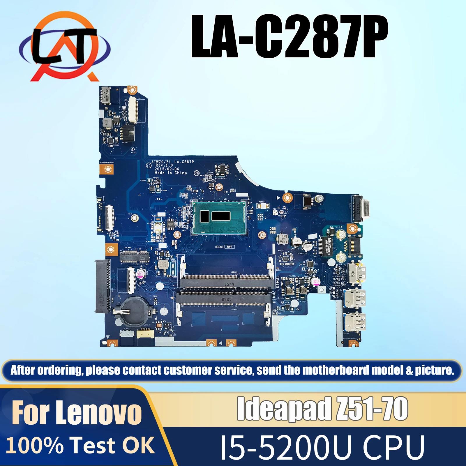 Para Lenovo Ideapad Z51-70 placa base LA-C287P con CPU de I5-5200U integrada 100% probado Ok