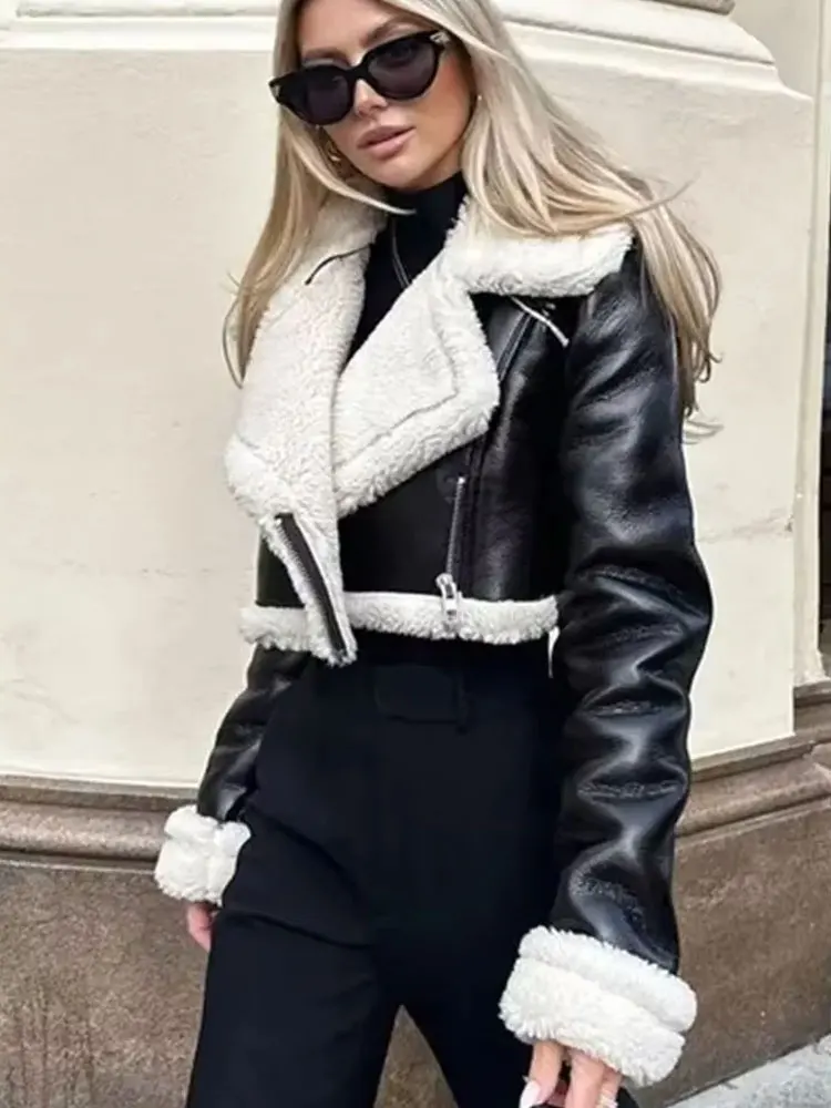 

HH уличная модная искусственная укороченная куртка с v-образным вырезом на молнии и длинными рукавами, толстые теплые женские зимние повседневные пальто с лацканами