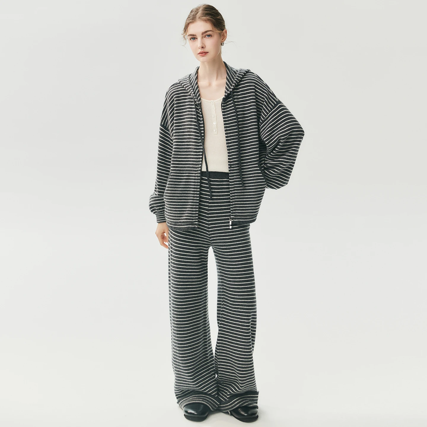 CHICUU Women 100% Cashmere Set Striped Cardigan Wide Leg Pants Autumn Winter Casual Style High Quality Cashmere Knitwear