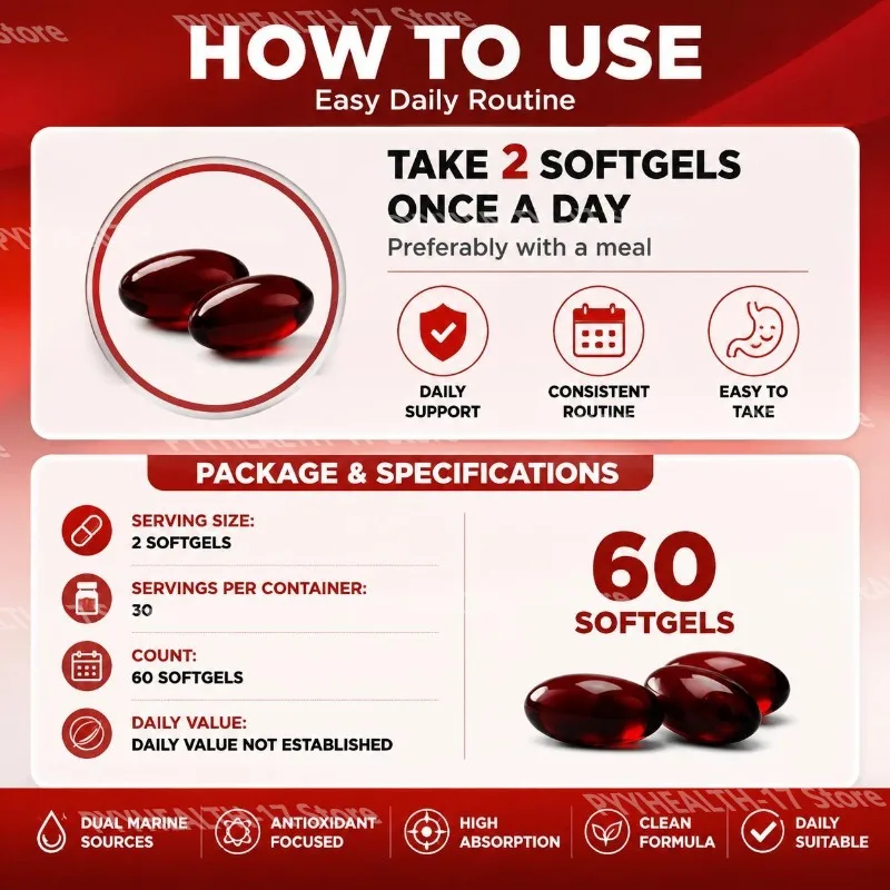Docteat Fish + Krill Oil Astaxanthin Softgels High Absorption Support Joint Eye & Skin Health Promote Brain Health 60 Softgels - view 5