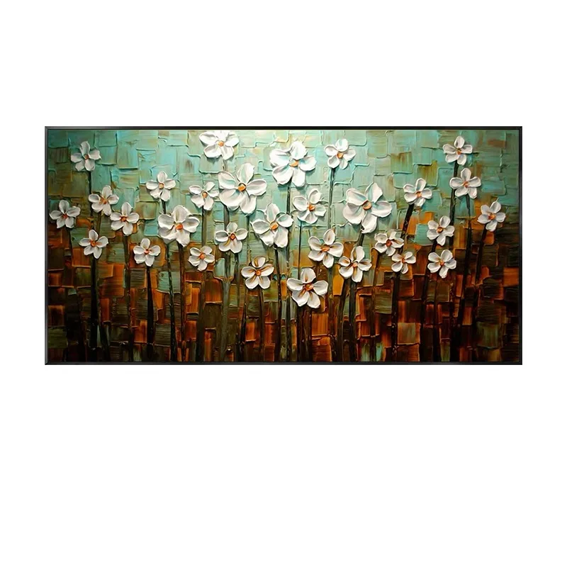 Handmade Original 3D Floral Canvas Art, Heavy Textured Palette Knife White Poppy Abstract Oil Painting Rustic Living Room Decor