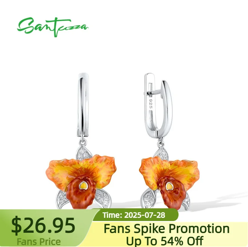 

SANTUZZA Real 925 Sterling Silver Earrings For Women Orange Orchid Enamel Flower Elegant Flower Wedding Anniversary Fine Jewelry
